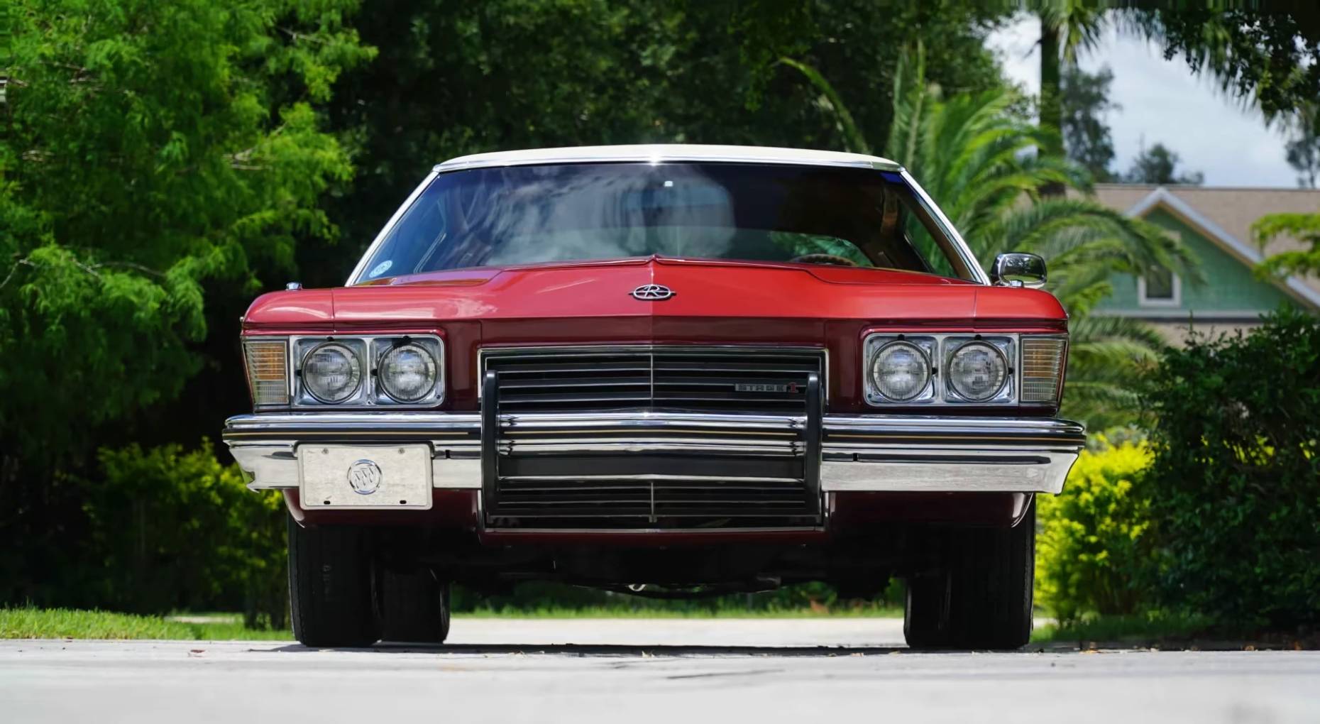 Front view of a red 1973 Buick Riviera