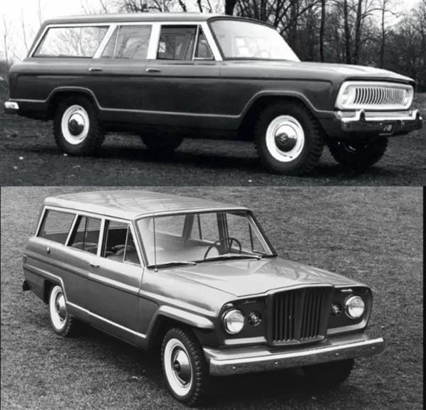 B&W photos of the 1959 Jeep Malibu styling prototype and an early production Jeep Wagoneer